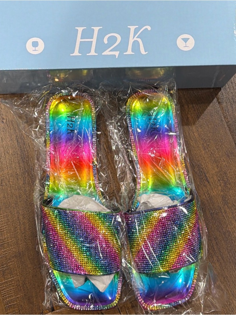 H2K Rainbow Crystal Slide Sandals - Multicolor Sparkle